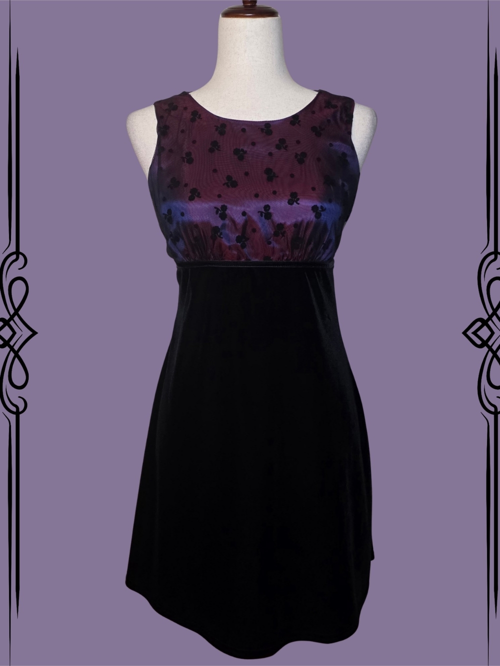 Byer Too! Black Velvet & Purple Iridescent Floral Sleeveless Dress